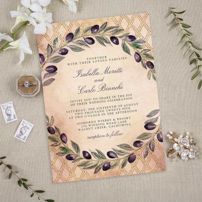Toskana Guld Lattice och Olive Grenar Bröllop Inbjudningar (Tuscan Gold Lattice and Olive Branches Wedding Invitations)