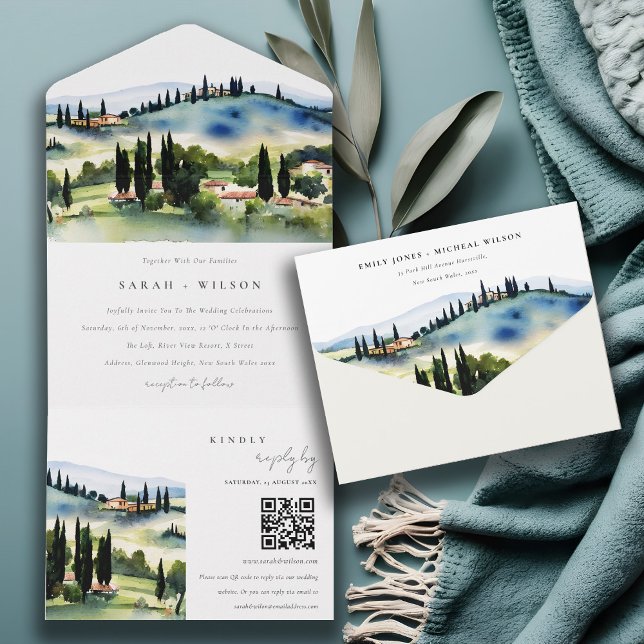 Toskana Italien Watercolor Ligcape Bröllop QR-kod (Skapare uppladdad)