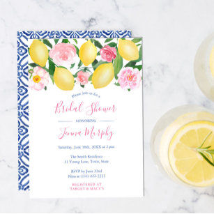 Toskana Lemons Rosa Watercolor Blommigt Möhippa Inbjudningar