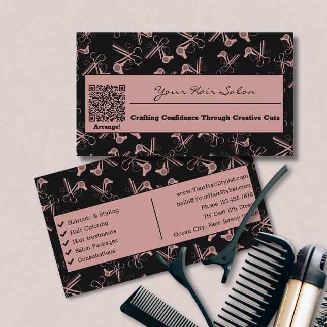 Toskana Rosa & Black QR Code Hair Salon Visitkort (Tuscany Pink & Black QR Code Hair Salon Business Card)