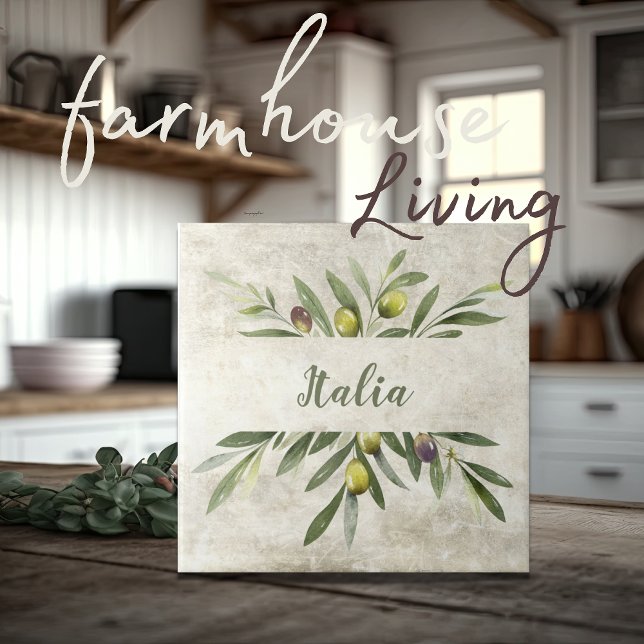 Toskana Rustic Olive & Grenar Italia-skript Kakelplatta (Skapare uppladdad)