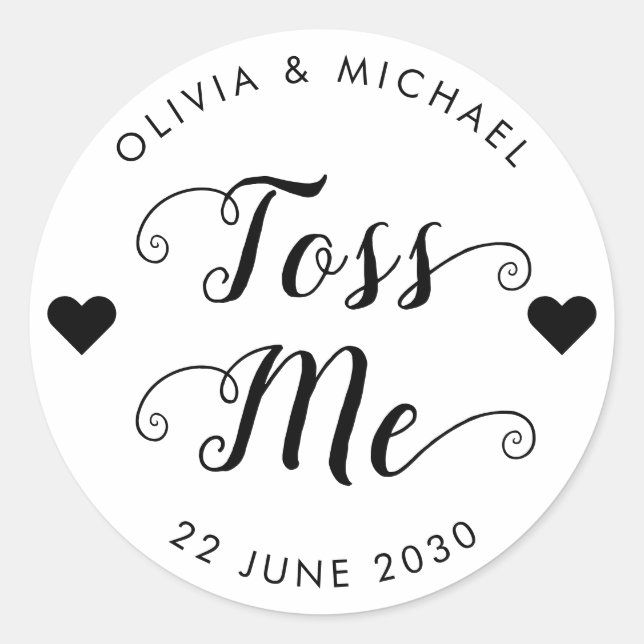 Toss Me Confetti Wedor Favor Script Heart Runt Klistermärke (Framsida)