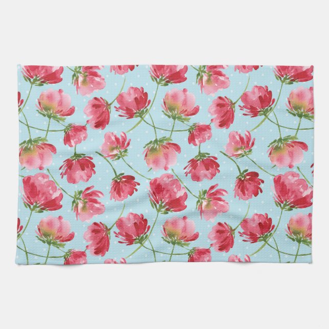 Tossed Crimson Red Watercolor Blommigt Polka dots Kökshandduk (Horisontell)