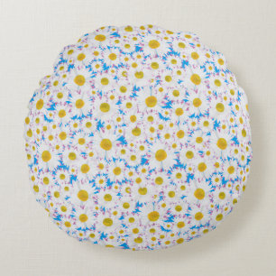 Tossed Ditzy White-Daisy på Himlar Blue Rund Kudde