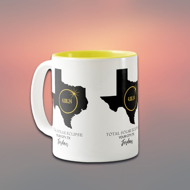 Total Solar Eclipse 2024 Custom Name, City Texas Två-Tonad Mugg (Customize with your City & State in Texas, all text editable.)
