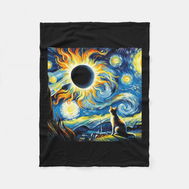 Total Solar Eclipse 2024 Van Gogh Starry Nattkatt Fleecefilt (Framsidan)