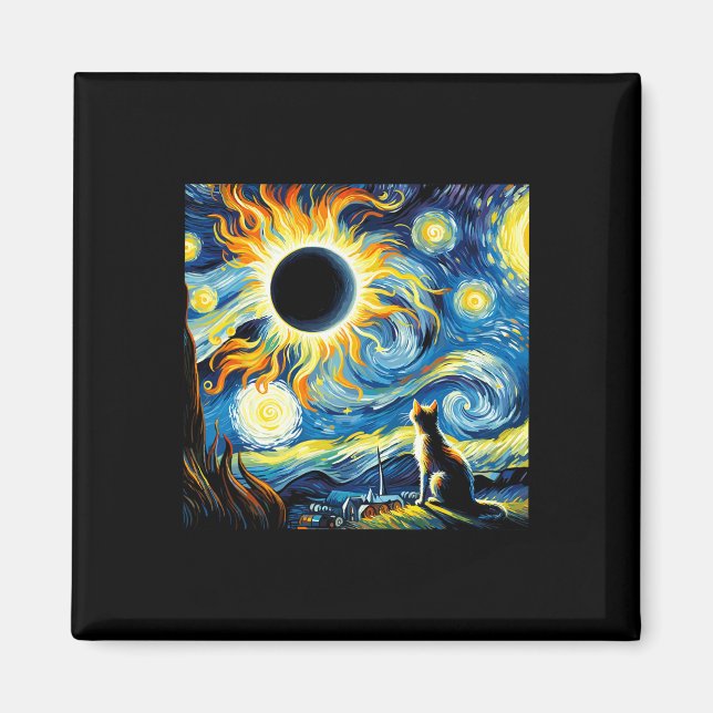 Total Solar Eclipse 2024 Van Gogh Starry Nattkatt Magnet (Framsidan)
