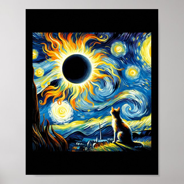 Total Solar Eclipse 2024 Van Gogh Starry Nattkatt Poster (Framsidan)