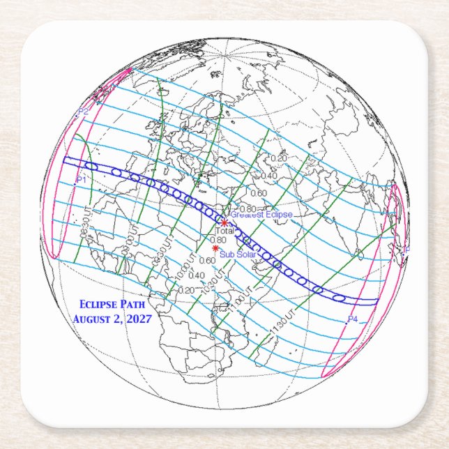 Total Solar Eclipse 2027 Map Underlägg Papper Kvadrat (Framsidan)