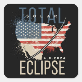 Total Solar Eclipse 4.8.2024 Patriotic USA Karta Fyrkantigt Klistermärke