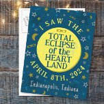 Total Solar Eclipse 8 april 2024 Souvenir-Anpassni Vykort<br><div class="desc">Den 8 april 2024 kommer en total solnedgång att synas i stora delar av Stater, Mexiko och Kanada. Om du planerar att fira detta spännande evenemang i "hjärtat" i Amerika med en roligt som tittar på party, är de här souvenir-vykorten perfekter för dig. I texten står det: "Jag såg Heartlands...</div>