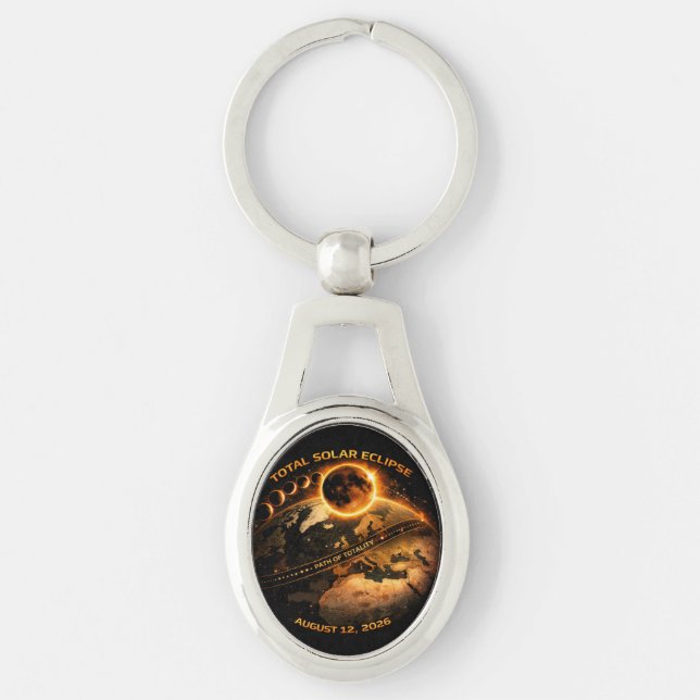 Total Solar Eclipse August 12 2026 Path of Totalit Ovalt Silverfärgad Nyckelring (Framsidan)
