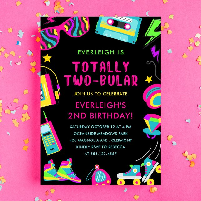 Totally Twobular Neon 80s Second Födelsedagsfest Inbjudningar (Skapare uppladdad)