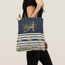 Tote Bag Bag av Nautical Anchor Blue Guld MONOGRAM Tygkasse