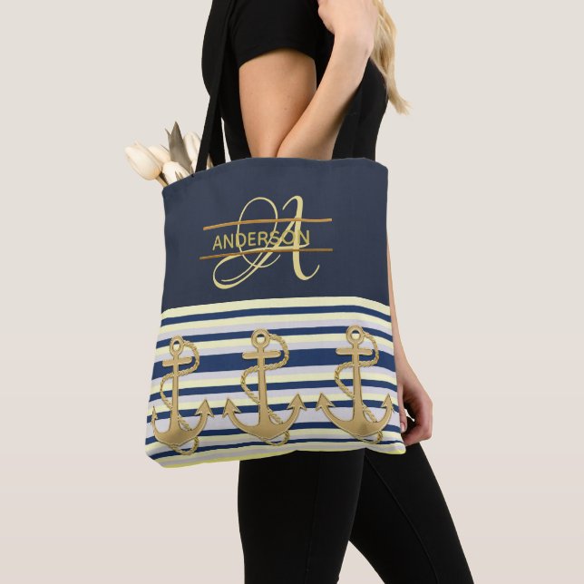 Tote Bag Bag av Nautical Anchor Blue Guld MONOGRAM Tygkasse (Närbild)