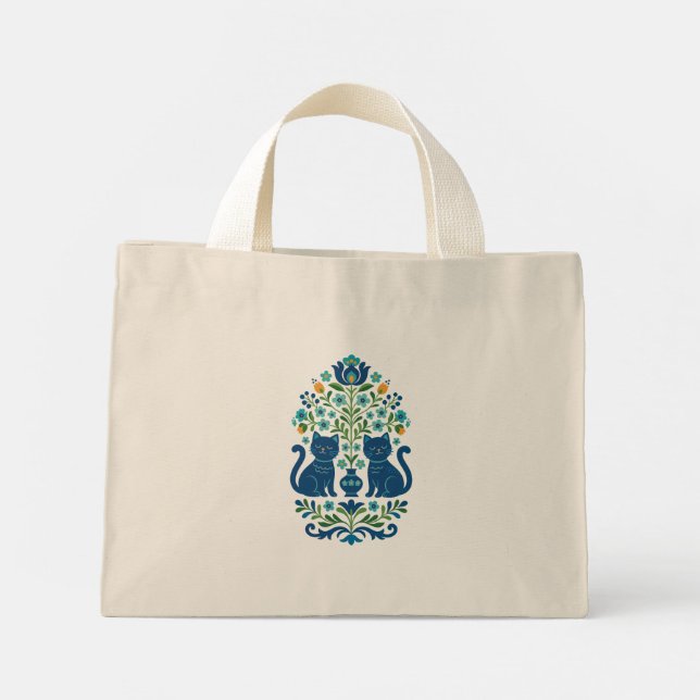 Tote Bag - Blå Folkkonst Katter – Whimsical Blommi Mini Tygkasse (Baksida)