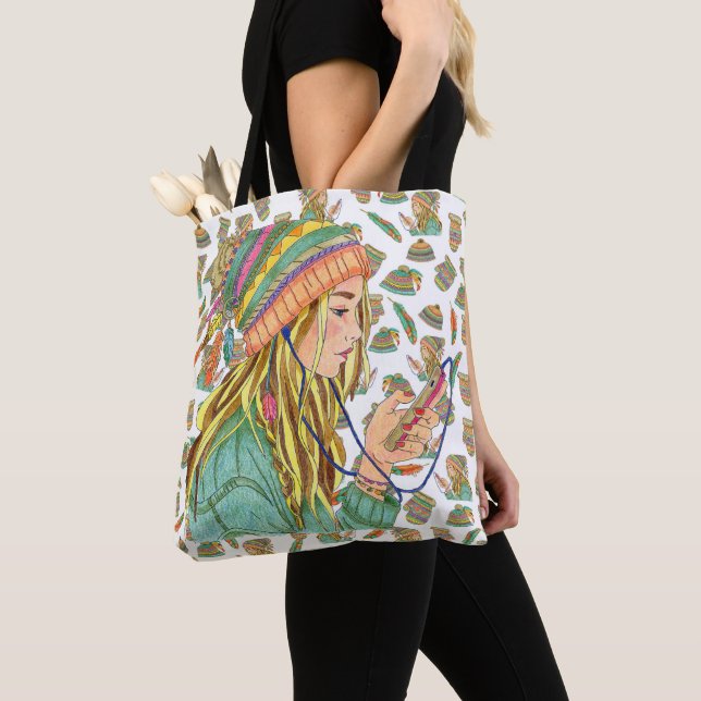 Tote Bag Boho Hat Girl Tygkasse (Närbild)