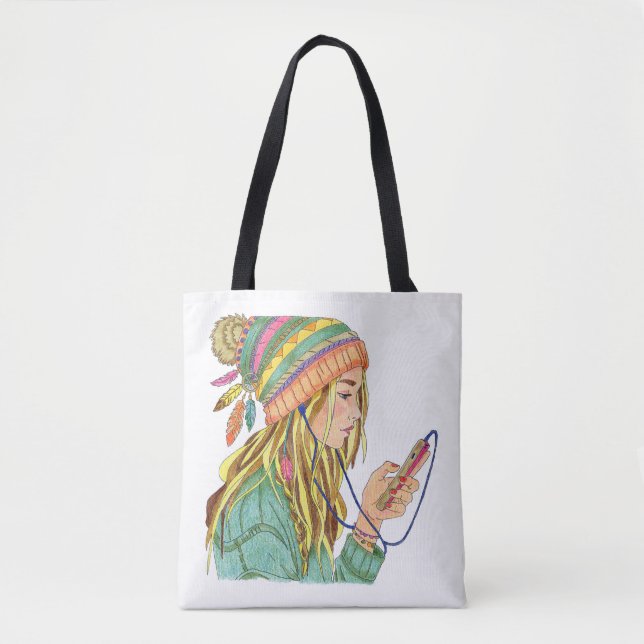 Tote Bag Boho hatt flicka Tygkasse (Framsida)