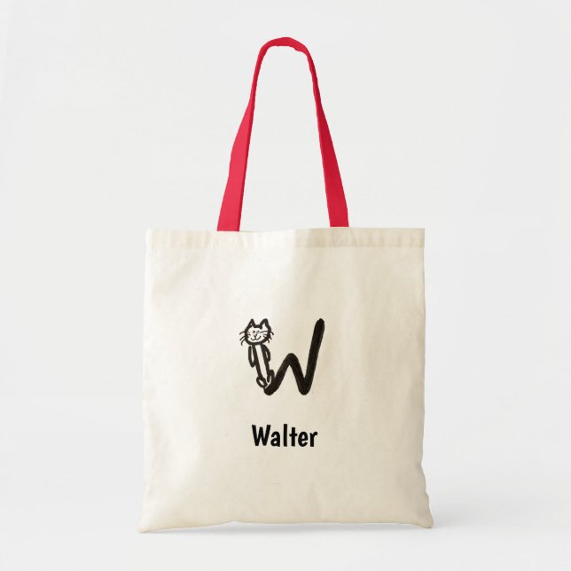 Tote Bag - Cat Brev W med Namn Tygkasse (Framsidan)