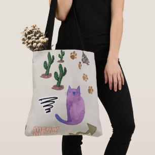 Tote Bag Cat Fish Cactus Tassar Meow Tygkasse
