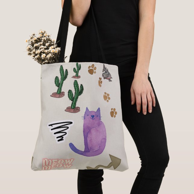 Tote Bag Cat Fish Cactus Tassar Meow Tygkasse (Närbild)