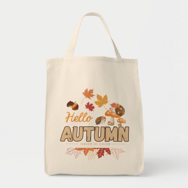 Tote Bag – Cute Hedgehogs, Mushrooms  Tygkasse (Framsidan)