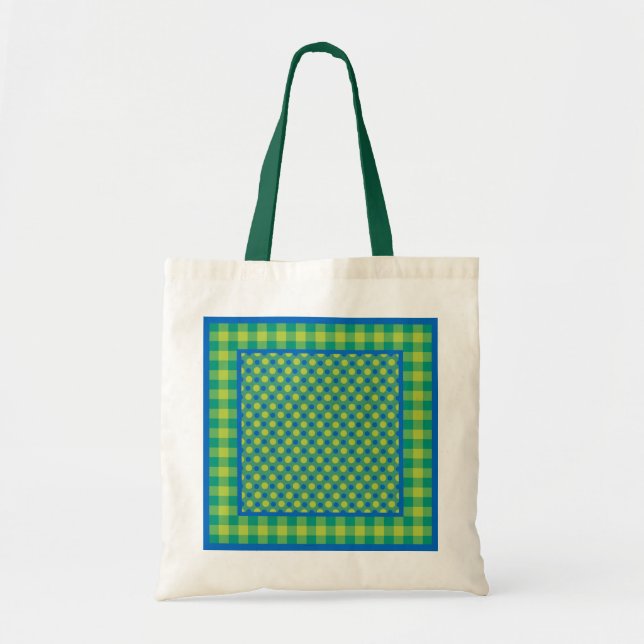 Tote Bag, Emerald and Blue, Checks and Polka dots Tygkasse (Framsidan)