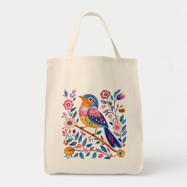 Tote Bag, etnisk fågel och blommor Tygkasse (Framsidan)