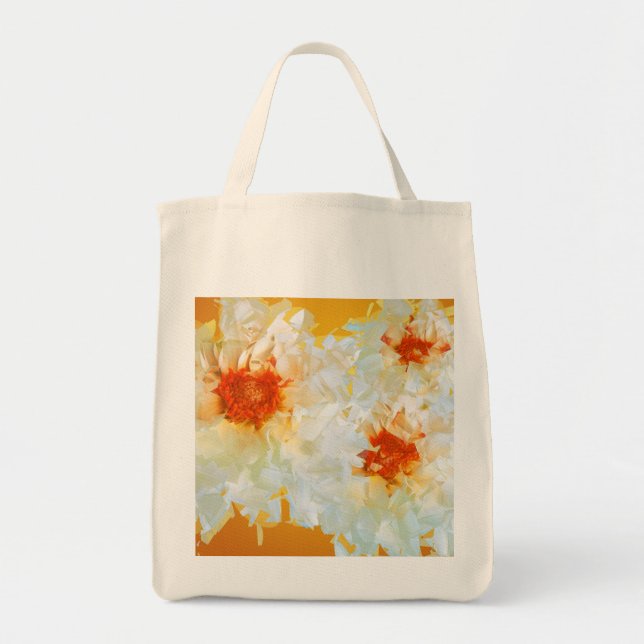 Tote Bag Flowers White Orange Cubist Tygkasse (Framsidan)
