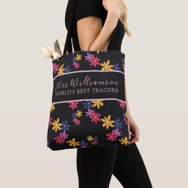 Tote Bag för Bright Modern Blommigt Lärare Tygkasse (Närbild)