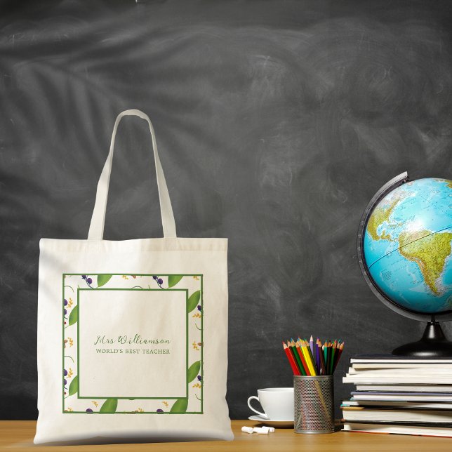 Tote Bag för Bright Modern Fruit Berry Teacher Tygkasse (Bright Modern Leaves and Berries Teacher's Tote Bag. Say thank you with this personalised gift.)