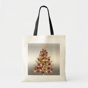 Tote Bag för guld Burgundy Julgran Helgdag Tygkasse