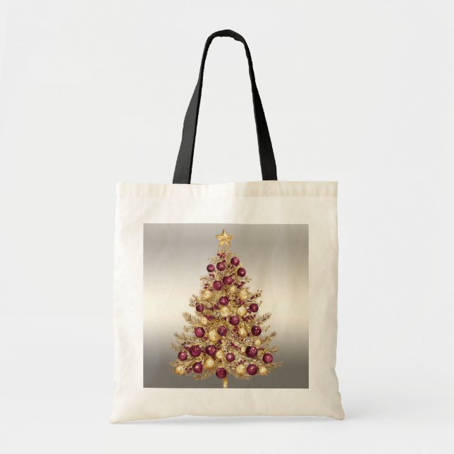 Tote Bag för guld Burgundy Julgran Helgdag Tygkasse (Framsidan)