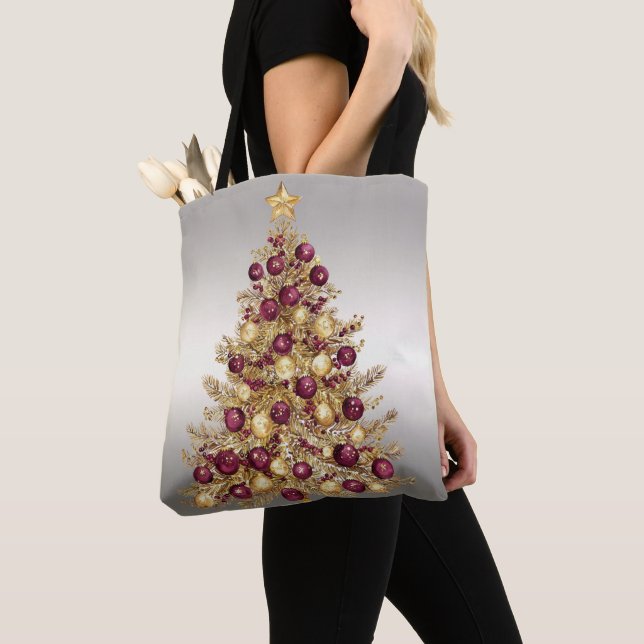Tote Bag för guld Burgundy Julgran Helgdag Tygkasse (Närbild)