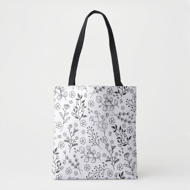 Tote Bag för minimalistisk svart och vit Blommigt Tygkasse (Framsida)
