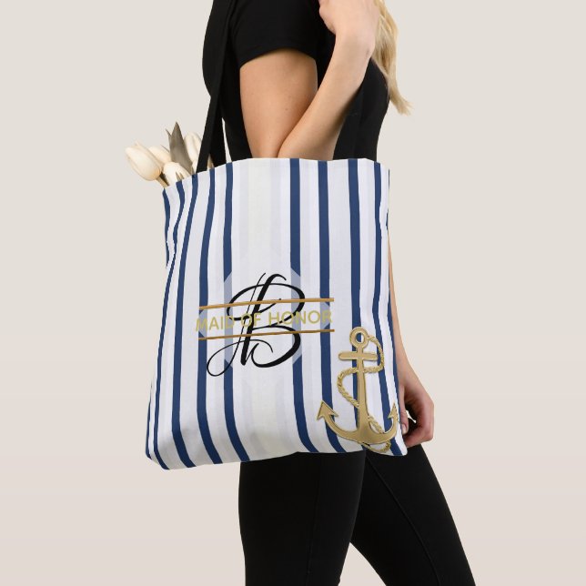 Tote Bag för Nautical Blue White Rand MONOGRAM Tygkasse (Närbild)