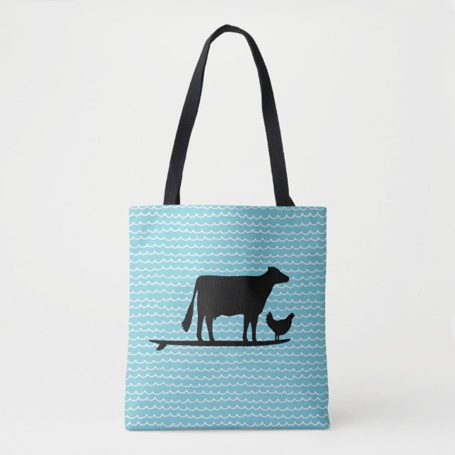 Tote Bag för Surfing Cow och Chicken Beach Tygkasse (Framsida)