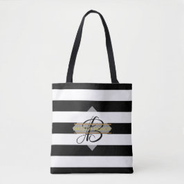 Tote Bag Glamous Black White Rand MONOGRAM Tygkasse