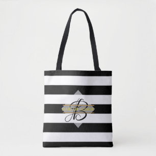 Tote Bag Glamous Black White Rand MONOGRAM Tygkasse