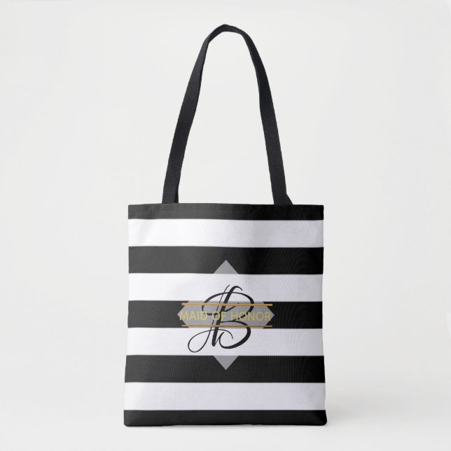 Tote Bag Glamous Black White Rand MONOGRAM Tygkasse (Framsida)