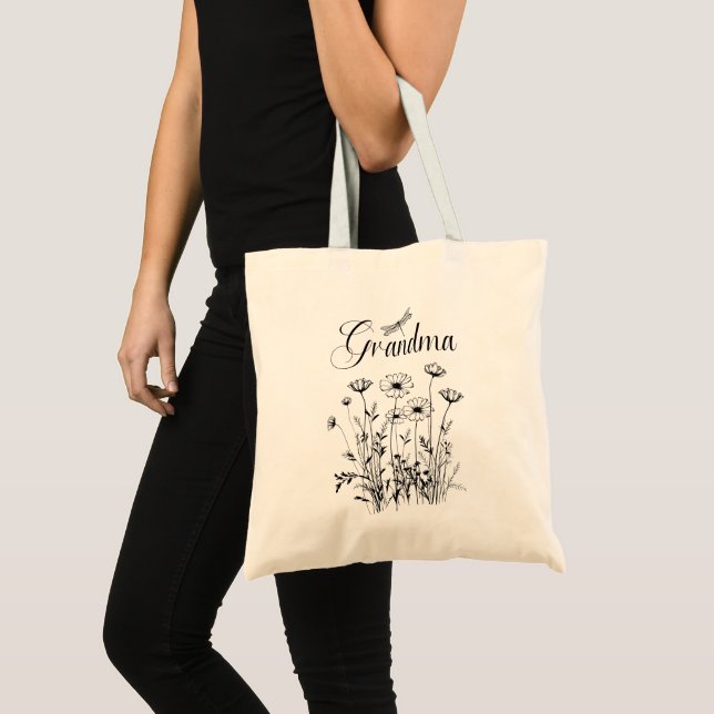 Tote Bag - Grandma Wildblommor Dragonfly Tygkasse (Framsida (produkt))