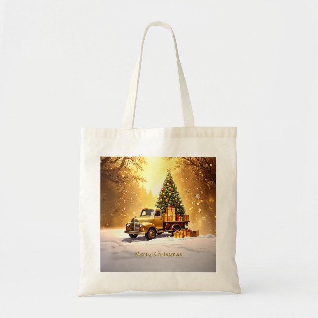 Tote Bag guld Lastbil Julgran Helgdag Tygkasse (Framsidan)