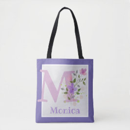 Tote Bag har First Initial Plus Namn med Flowers Tygkasse