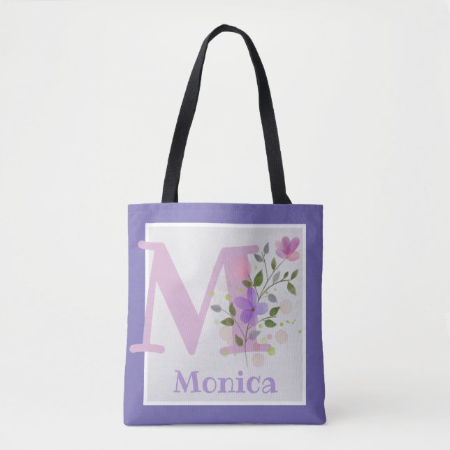 Tote Bag har First Initial Plus Namn med Flowers Tygkasse (Framsida)
