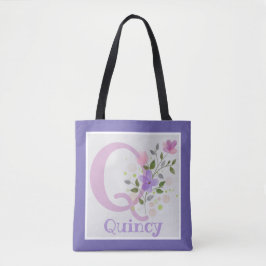 Tote Bag har First Initial Plus Namn med Flowers Tygkasse