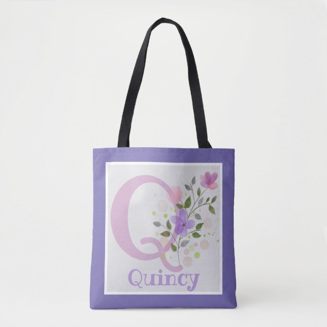 Tote Bag har First Initial Plus Namn med Flowers Tygkasse (Framsida)