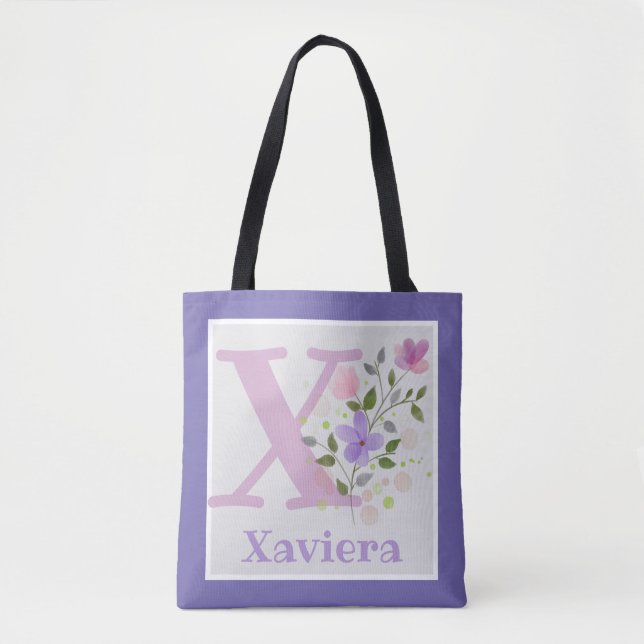 Tote Bag har First Initial Plus Namn med Flowers Tygkasse (Framsida)