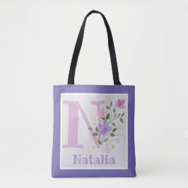 Tote Bag har First Initial Plus Namn med Flowers Tygkasse