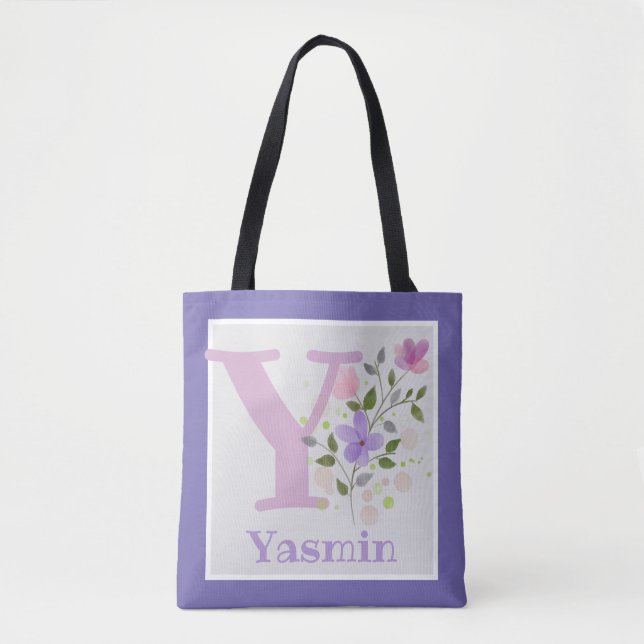 Tote Bag har First Initial Plus Namn med Flowers Tygkasse (Framsida)