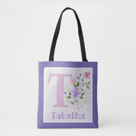 Tote Bag har första initialen plus namn med blommo Tygkasse